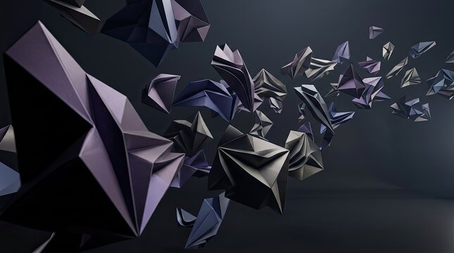 Abstract Geometric 3D Origami Paper Shapes Floating on Dark Background Composition