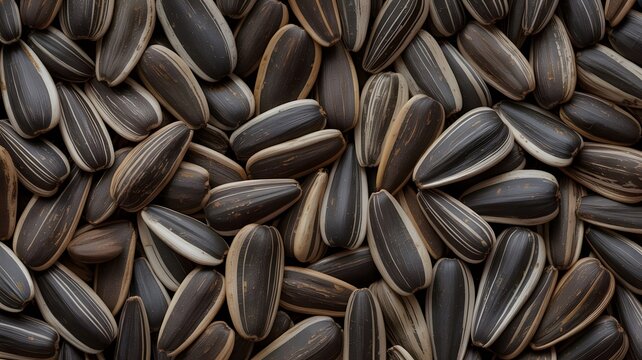 Dried sunflower seeds arranged in a dense pattern show natural dark colors and textured white stripes
