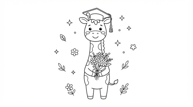 Cute cartoon giraffe wearing a graduation cap and holding a bouquet of flowers