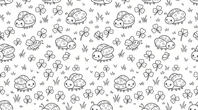 Cute hand drawn ladybug and clover pattern isolated on a white background