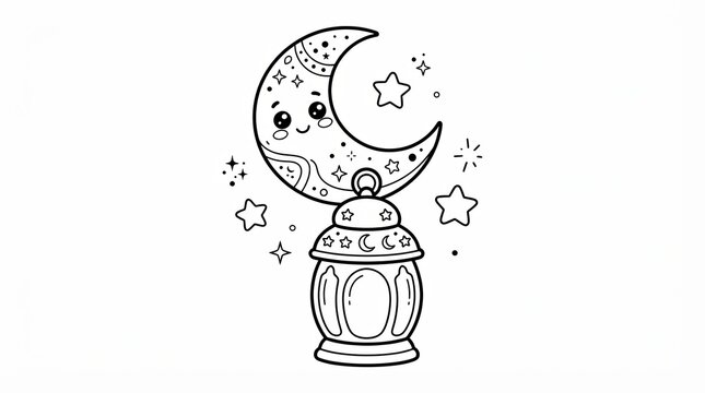Cute cartoon crescent moon with a happy face and a traditional ramadan lantern
