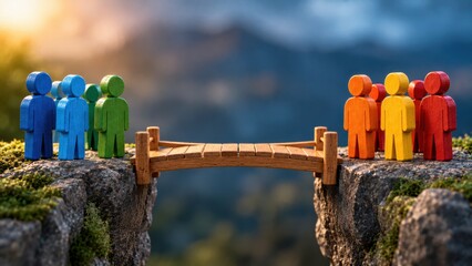 Obraz premium Colorful wooden peg figures on rocky cliff bridge connecting blue and orange groups symbolizes communication.