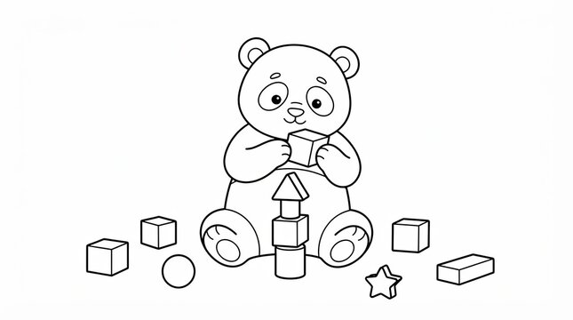 Cute panda bear playing with wooden toy building blocks for children coloring page