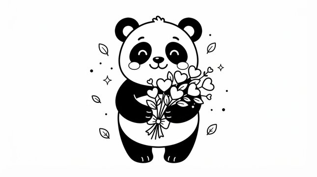 Cute cartoon panda bear holding a bouquet of heart flowers isolated on white background