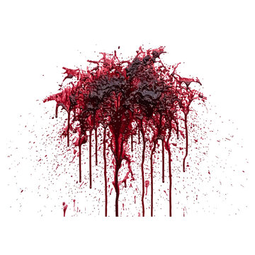 Blood stain graphic element, red liquid splash and drips isolated on white background