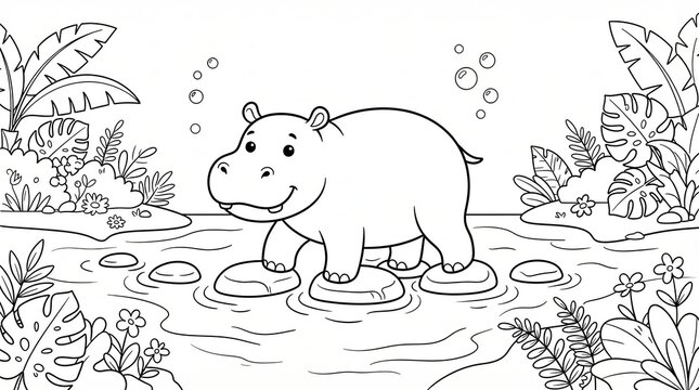 Cute cartoon hippo walking on stones in a tropical river coloring page