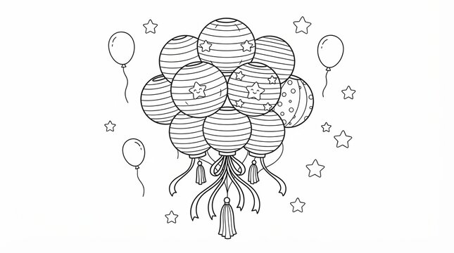 Group of festive paper lanterns and balloons with star decorations for celebration