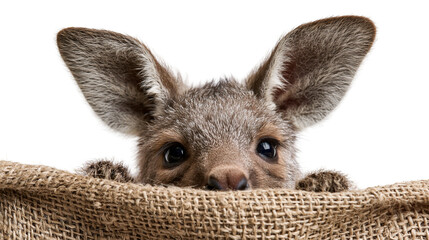 Cute baby kangaroo joey peeking out from a rustic burlap sack © darietta