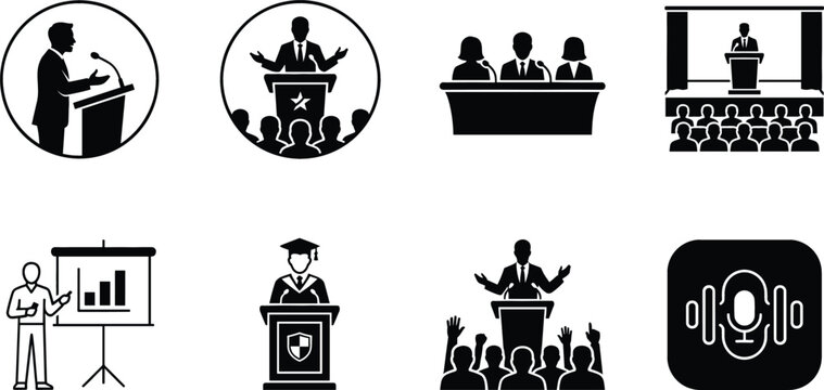 Public speaking silhouette icon set representing business conference presentation lecture and audience stage vectors