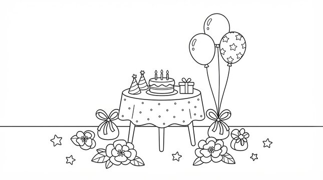Birthday party table with cake balloons and gifts for a fun celebration coloring page