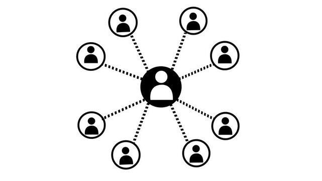 Motion graphic icon displaying a global community network node structure chart connecting multiple points around a single human avatar motion video