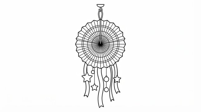 Black and white line art drawing of a decorative hanging paper fan