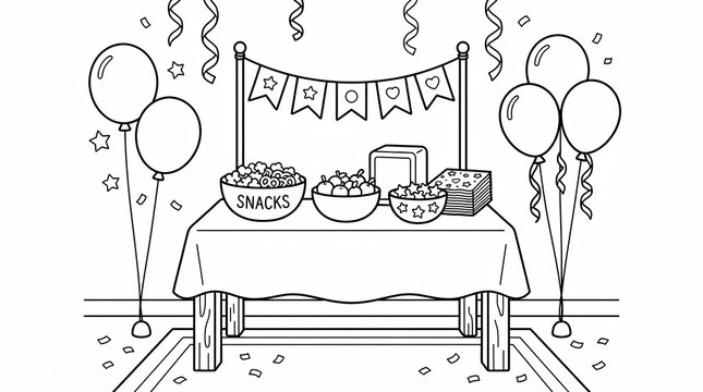 Black and white party table with snacks balloons and bunting for kids coloring page