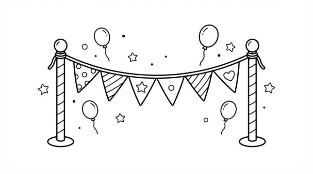 Hand drawn party bunting flags with balloons and stanchions