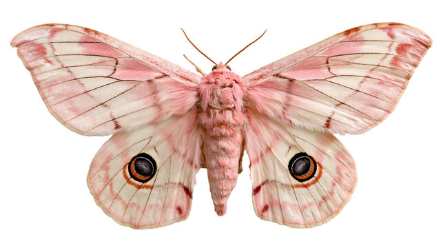 Pink and white emperor moth with detailed wing patterns and fuzzy body