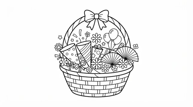 Gift basket with party items for a festive celebration coloring page