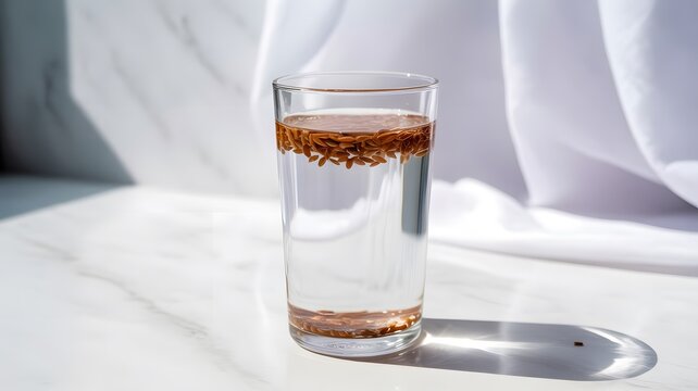 Glass of clear water with floating organic flax seeds sitting on a bright white surface