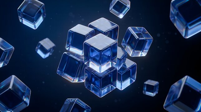 Abstract floating glass cubes in deep sapphire blue with diffused backlighting on a dark gradient background