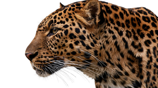 Close up profile view of a majestic leopard head with detailed spotted fur pattern