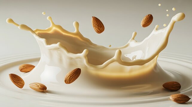 Fresh almond milk splashing with organic nuts in a dynamic studio capture with soft lighting