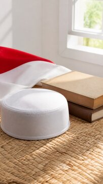 National Santri Day concept with a white peci cap, traditional Islamic prayer hat, books, and Indonesian flag on a woven mat background, Islamic education concept