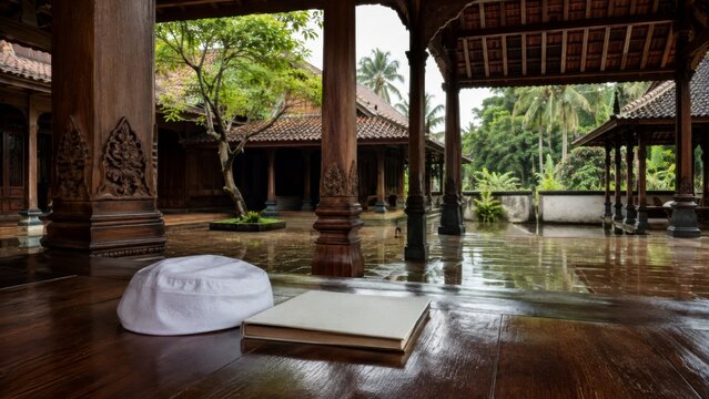 Traditional Indonesian wooden joglo architecture with a white peci cap and a book on a wet wooden floor, lush tropical courtyard view, National Santri Day concept