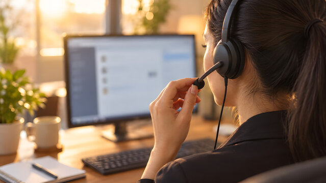 Woman with Headset Working at Computer in Call Center Office, Customer Service Agent Providing Online Support and Help Desk Assistance