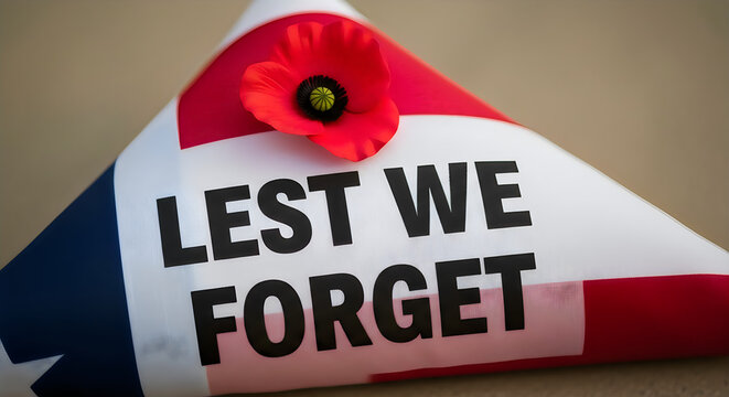 Folded australian flag with a red poppy flower and the words lest we forget