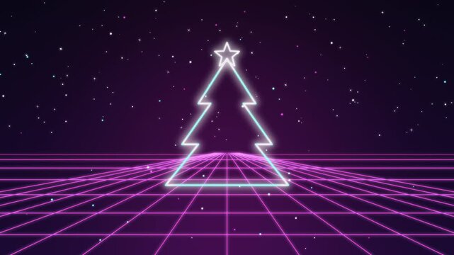 Christmas Synthwave Neon Grid and Tree Loop Background