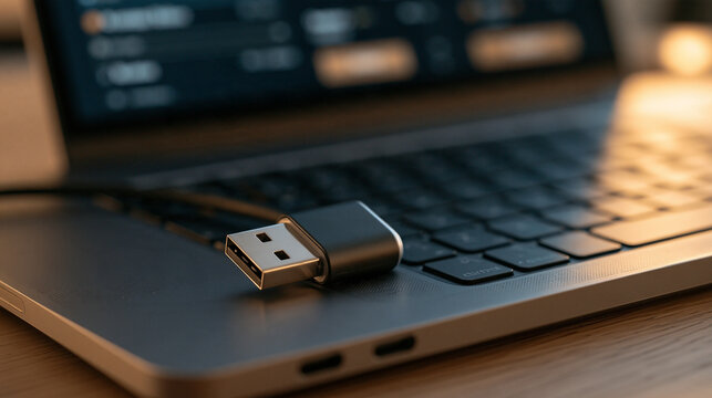 Macro close up of a USB hardware security key plugged into a laptop port with a blurred wallet interface in the background, two factor authentication for crypto accounts, digital