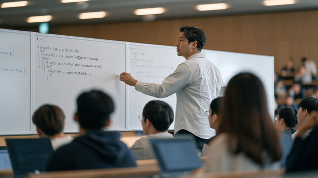 A Korean software engineering lecturer writes recursive algorithm pseudocode across three interconnected whiteboards while students in a capacity-filled computer science