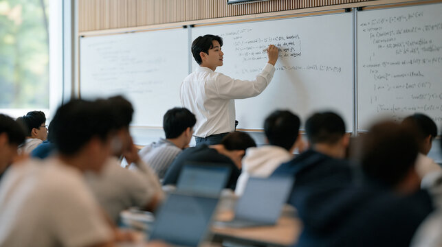 A Korean software engineering lecturer writes recursive algorithm pseudocode across three interconnected whiteboards while students in a capacity-filled computer science