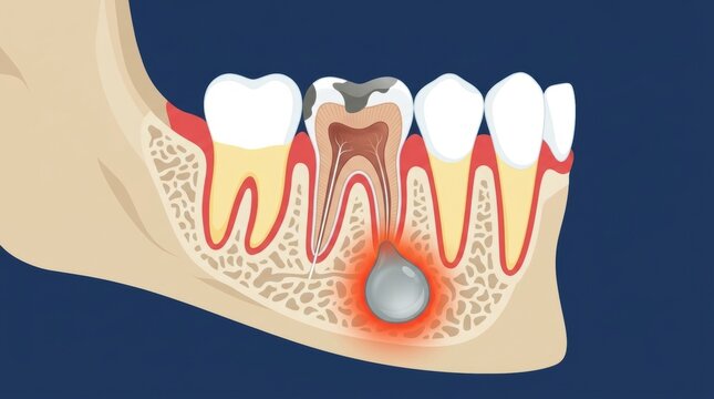 Medical illustration of a dental abscess showing infection at the root of a decayed molar tooth