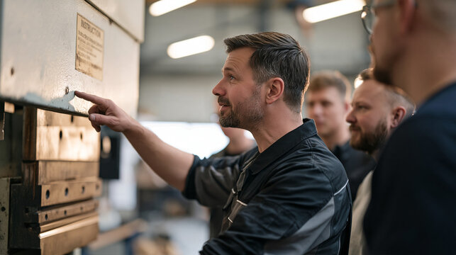 A metalworker presents cooling weld samples to a small gathered group in a busy workshop at dusk, pointing to a faded instruction sticker barely visible on the press brake panel,