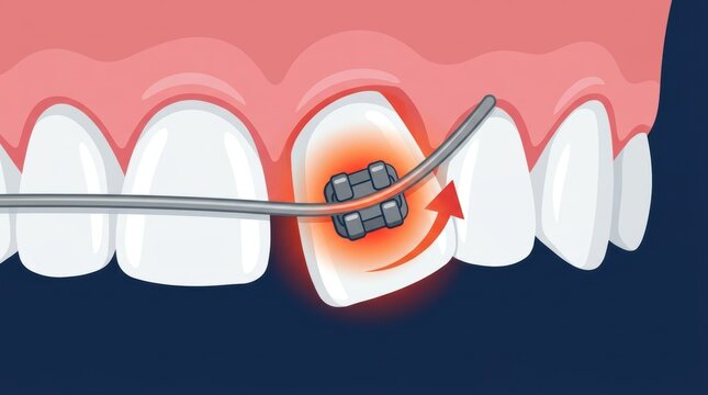 Medical illustration of a tooth with dental braces showing corrective movement and alignment