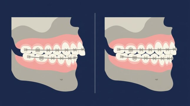 Dental illustration showing the correction of an overbite using orthodontic metal braces treatment