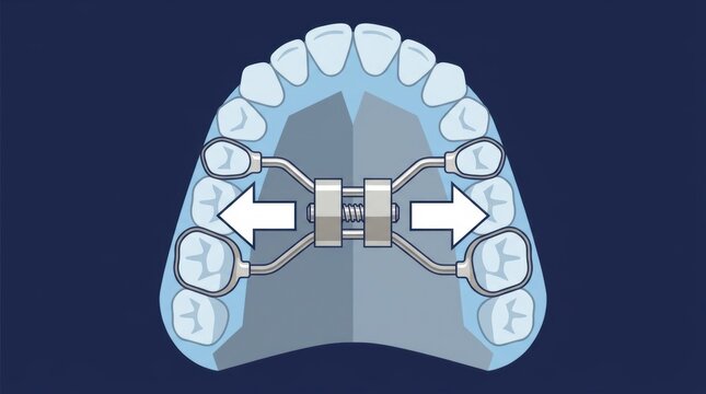 Illustration of a palatal expander device showing the outward expansion of the upper jaw teeth