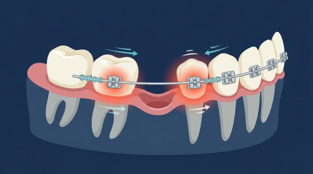 Illustration of dental braces closing a gap between teeth for orthodontic treatment concept