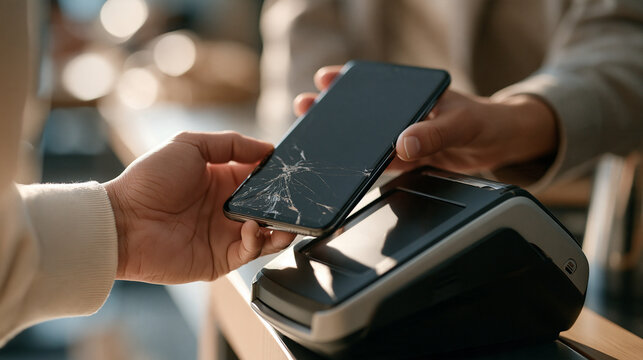 Close up of a cracked phone screen successfully completing an NFC payment at a supermarket reader despite screen damage, resilience of contactless technology concept, retail