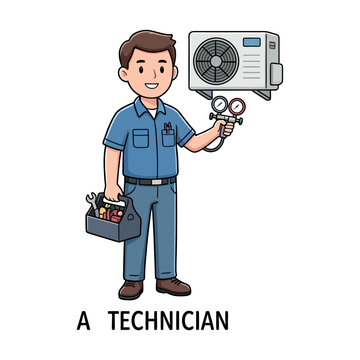 Air conditioning AC technician with tools and AC unit vector illustration