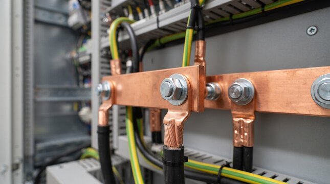 Copper busbar electrical connection inside industrial power distribution cabinet.
