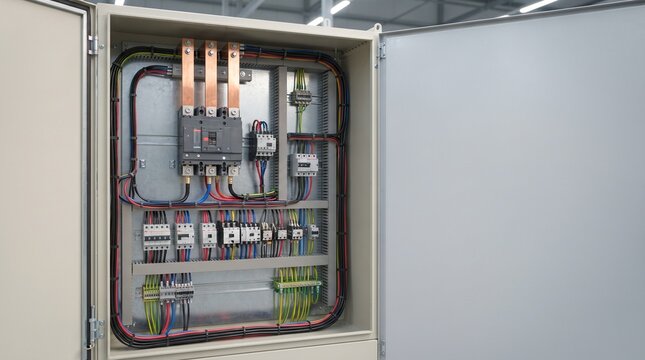 Electrical control panel with circuit breakers and copper busbars.