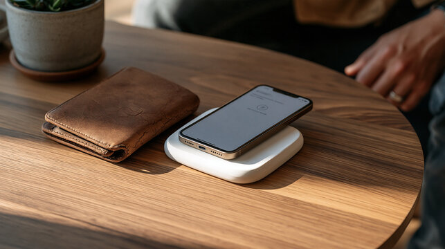 Overhead flat lay of a cracked old leather wallet beside a modern phone showing a mobile payment screen near an NFC reader pad, contrast of traditional and digital finance concept