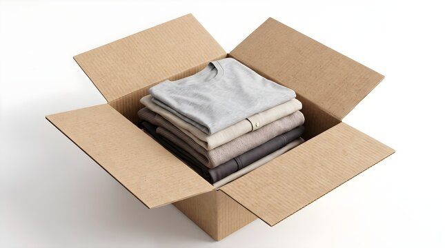 Open cardboard box with a neat stack of folded clothing on white background, concept of delivery, online shopping, relocation or donation