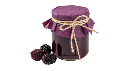 Glass jar filled with sweet blackberry fruit jam isolated on transparent background © Oliver Plaza Photo