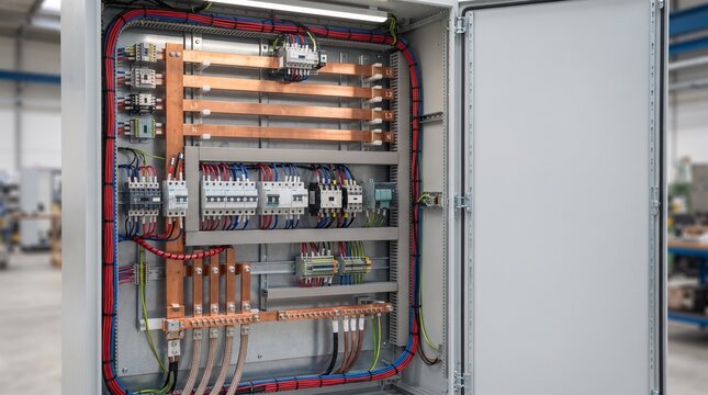 Industrial electrical control cabinet with copper busbars and wiring.