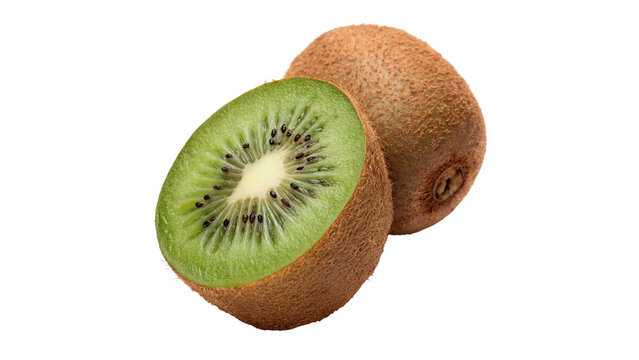 Whole and half sliced fresh green kiwi fruits isolated on transparent background