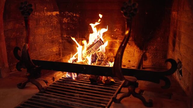 Flammes d'un feu de bois br&ucirc;lant dans une chemin&eacute;e chaleureuse