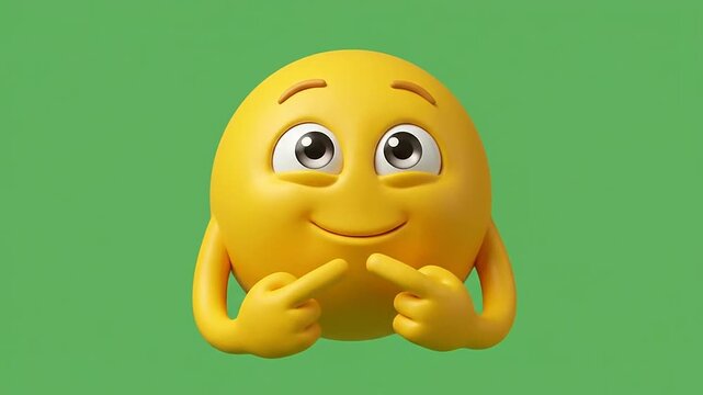 3d shy emoticon character with finger touching gesture on green background