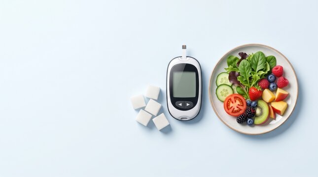 Blood glucose meter beside sugar cubes and a plate of fresh vegetables and fruit, representing diabetes, blood sugar monitoring, healthy nutrition and glucose management. Copy space